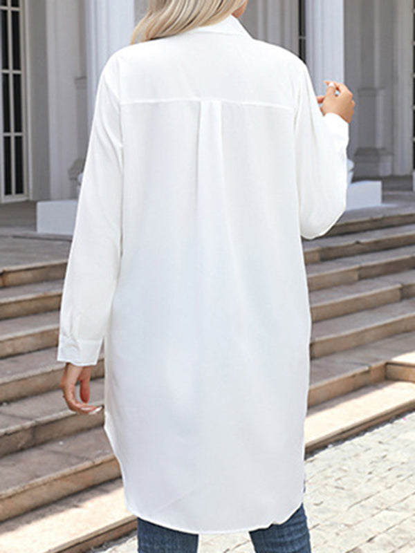 High-Low Irregular Clipping Solid Color Split-Joint Lapel Blouses