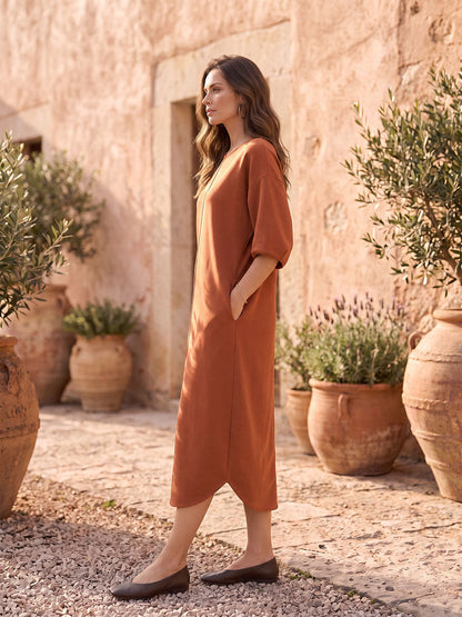 Solid Color Pockets Three-quarter Sleeves Loose Round-neck Midi Dresses