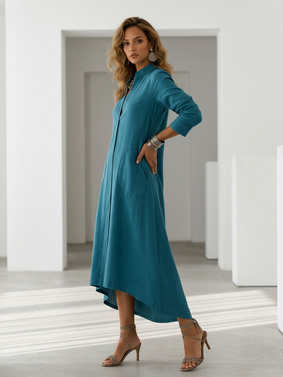 Solid Color Pockets Loose Long Sleeves V-neck Midi Dresses