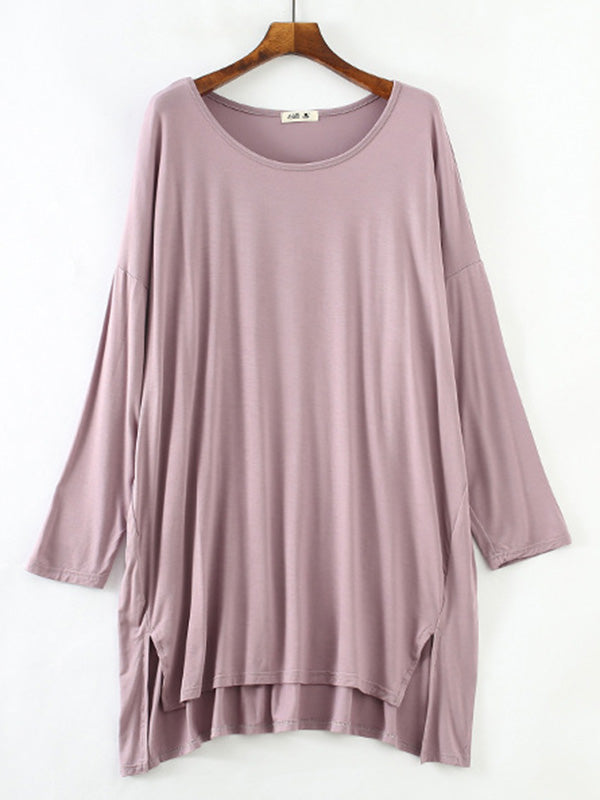 Solid Color Modal Plus Size High-Low Long Sleeve Pajamas Dress