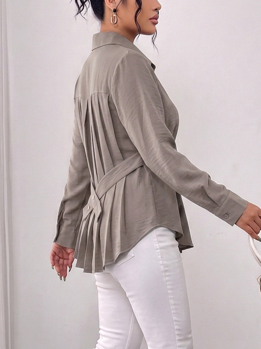 Tied Split-Joint Solid Color Pockets Pleated Buttoned Long Sleeves Lapel Blouses&Shirts Tops