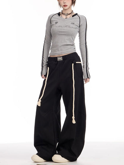 High Waisted Loose Drawstring Elasticity Pockets Solid Color Pants Trousers