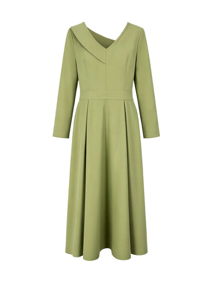 A-Line High Waisted Pleated Pockets Solid Color V-Neck Maxi Dresses