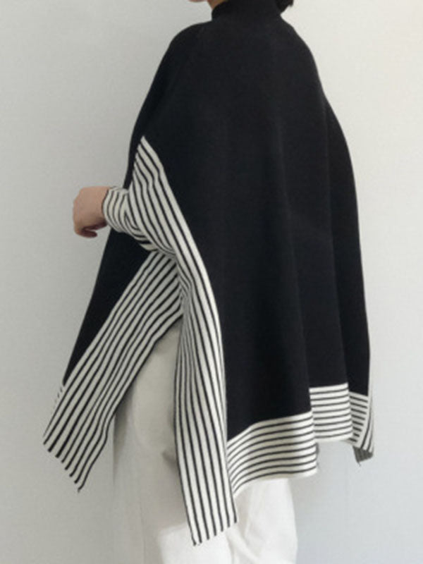 Batwing Sleeves Loose Split-Joint Split-Side Striped High Neck Sweater