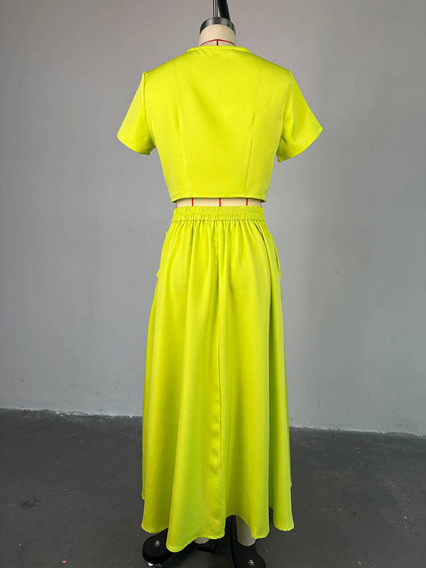 Buttoned Pockets Split-Joint Round-Neck T-Shirt Top + A-Line High Waisted Skirts Bottom Two Pieces Set