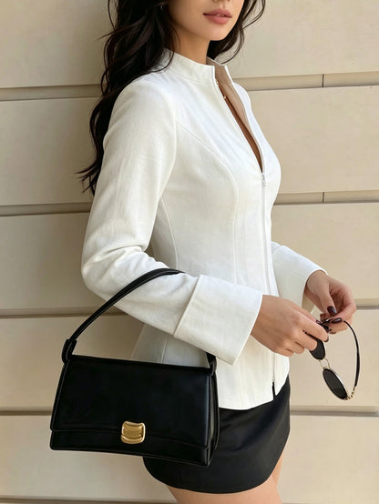 Zipper Solid Color Skinny Long Sleeves Stand Collar Blouses&shirts Tops