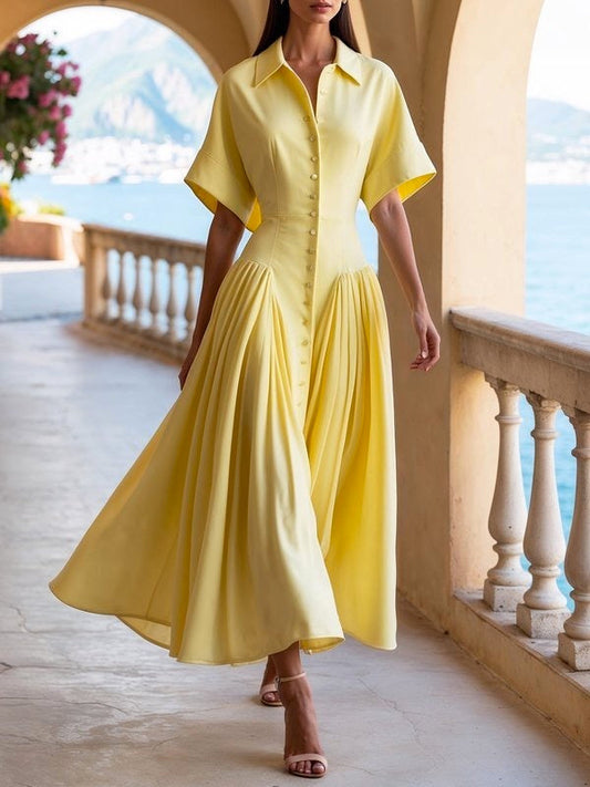 Loose Short Sleeves Buttoned Pleated Solid Color Lapel Collar Midi Dresses Shirt Dress