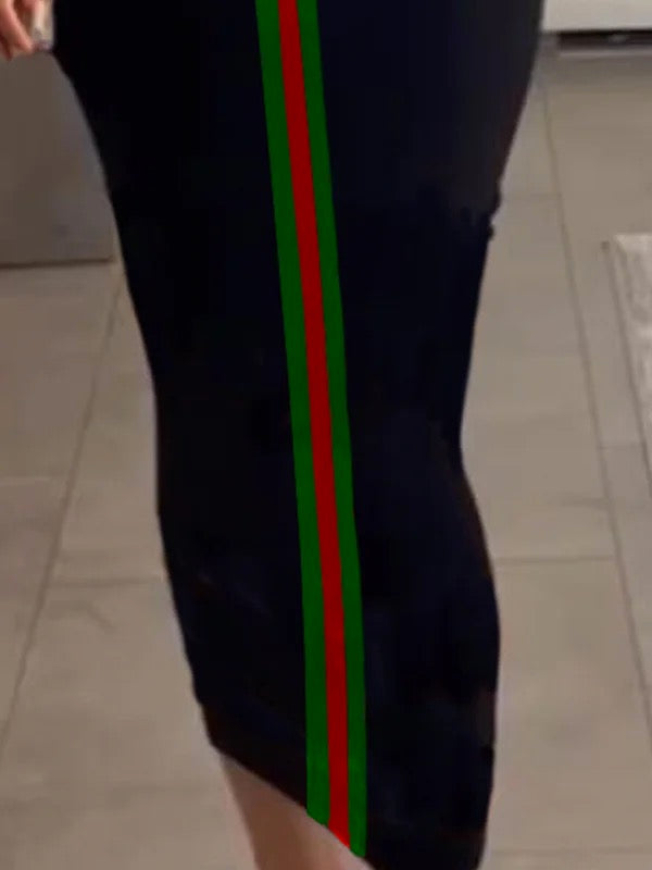 Bodycon Half Sleeves Contrast Color Striped Stand Collar Midi Dresses