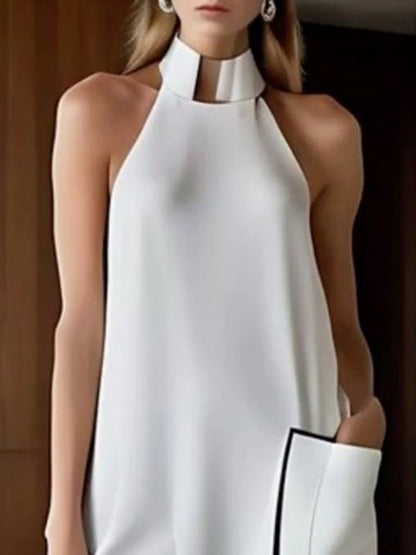 High-Low Sleeveless Pockets Solid Color Split-Joint High Neck Midi Dresses