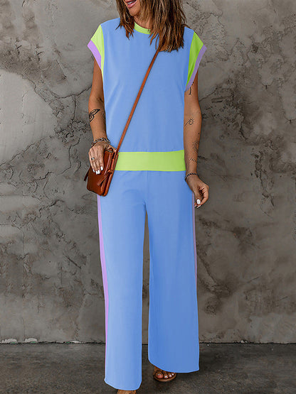Loose Raglan Sleeve Contrast Color Split-Joint Round-Neck T-Shirt Top + Elasticity Pockets Pants Bottom Two Pieces Set