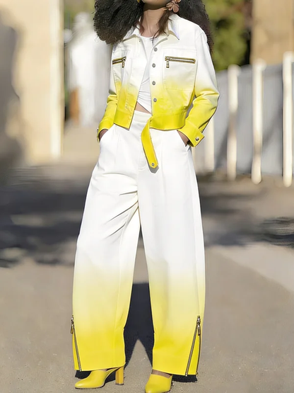 Long Sleeves Buttoned Gradient Zipper Lapel Outerwear
