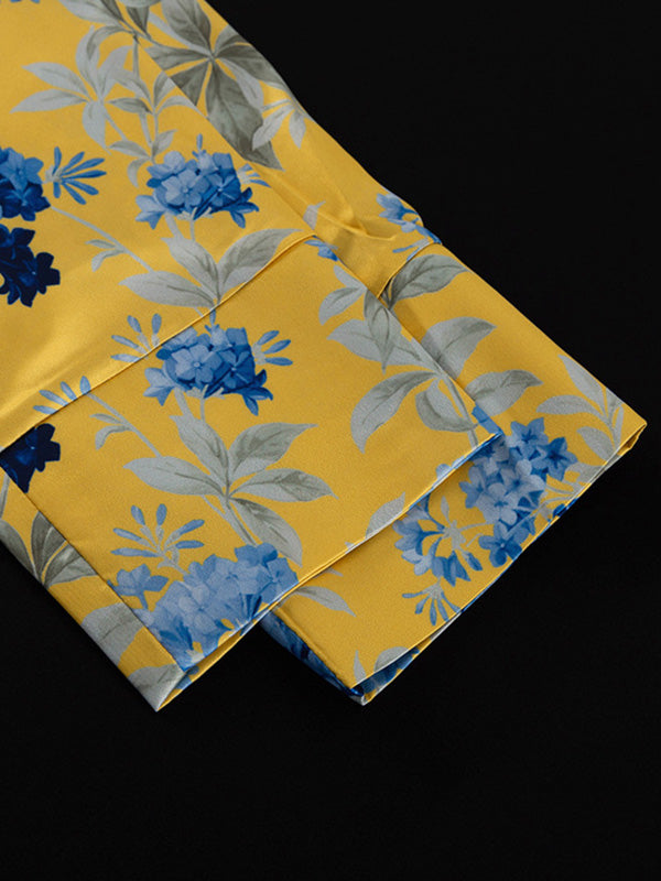 Loose Printed Split-Joint Deep V-Neck Lace-Up Blouse + Drawstring Elasticity Pants Trousers Two Pieces Set