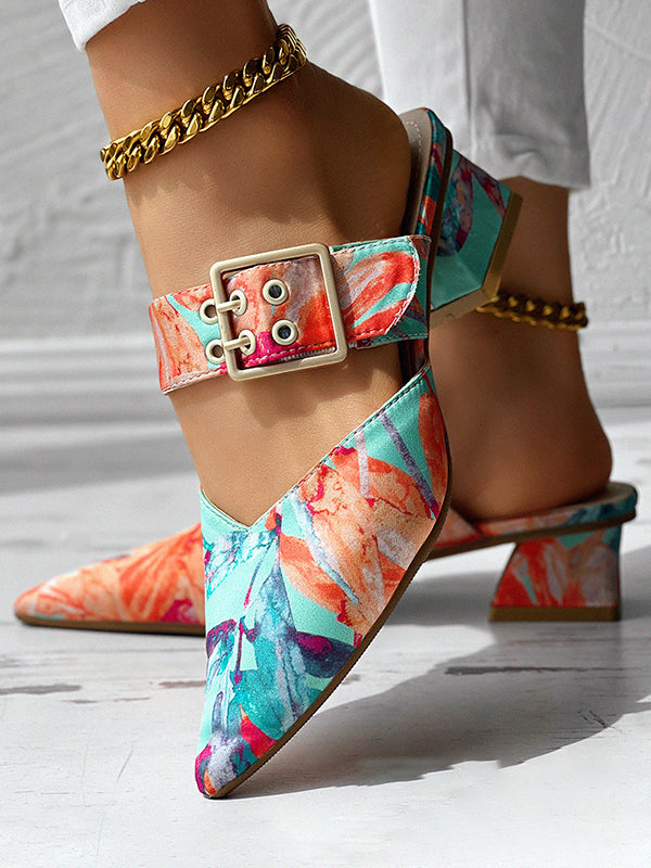 Belt Buckle Floral Printed Pointed-Toe Split-Joint Pumps Sandals