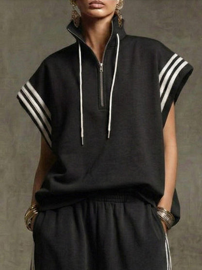 Loose Sleeveless Contrast Color Drawstring Split-Joint Striped Zipper Mock Neck Blouses&Shirts Tops