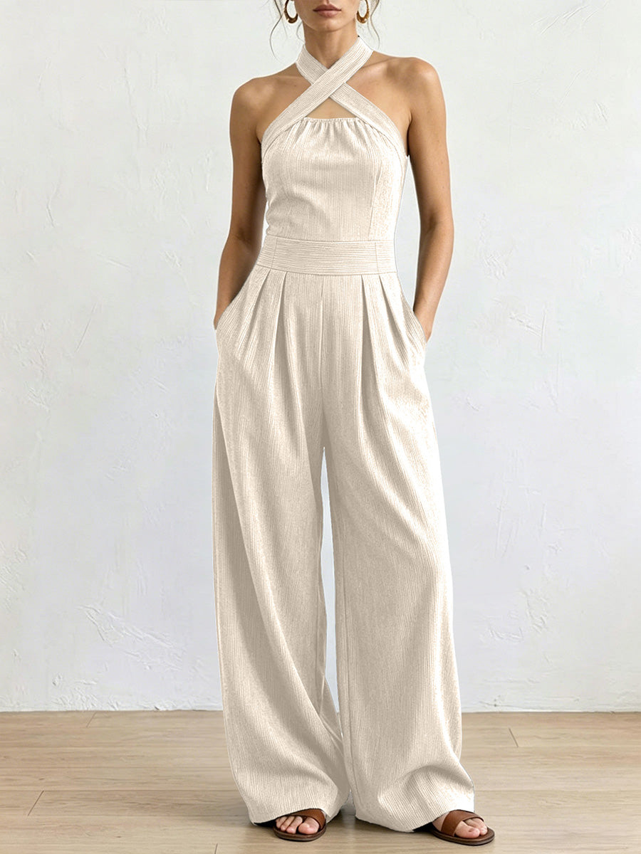 High Waisted Plus Size Pleated Pockets Solid Color Halter-Neck Jumpsuits