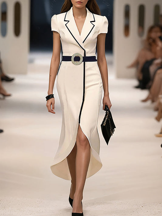 Bodycon High-Low Belted Pleated Solid Color Notched Collar Maxi Dresses