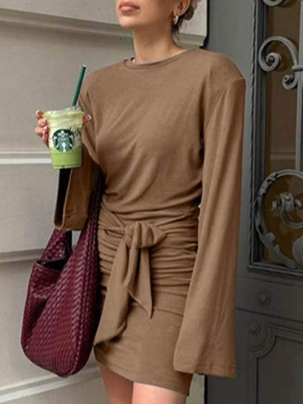 A-Line Bodycon Pleated Solid Color Tied Waist Zipper Round-Neck Mini Dresses