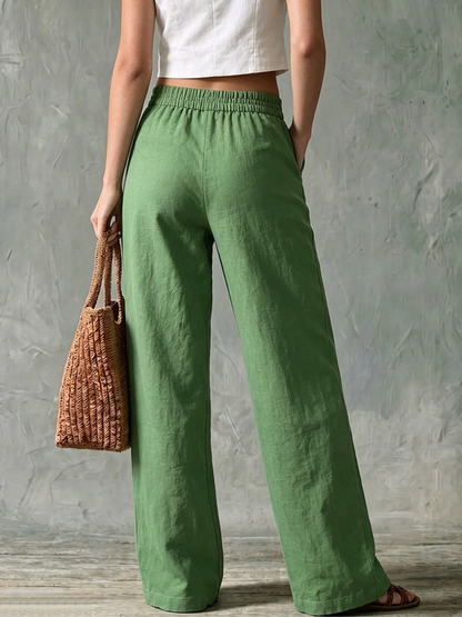 High Waisted Wide Leg Buttoned Elasticity Pockets Solid Color Pants Trousers