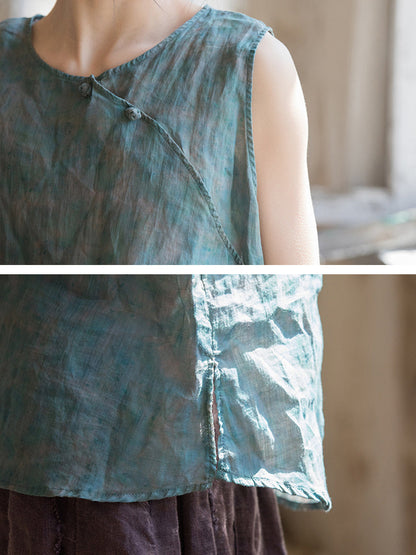 Women Summer Retro Flower Button Ramie Vest