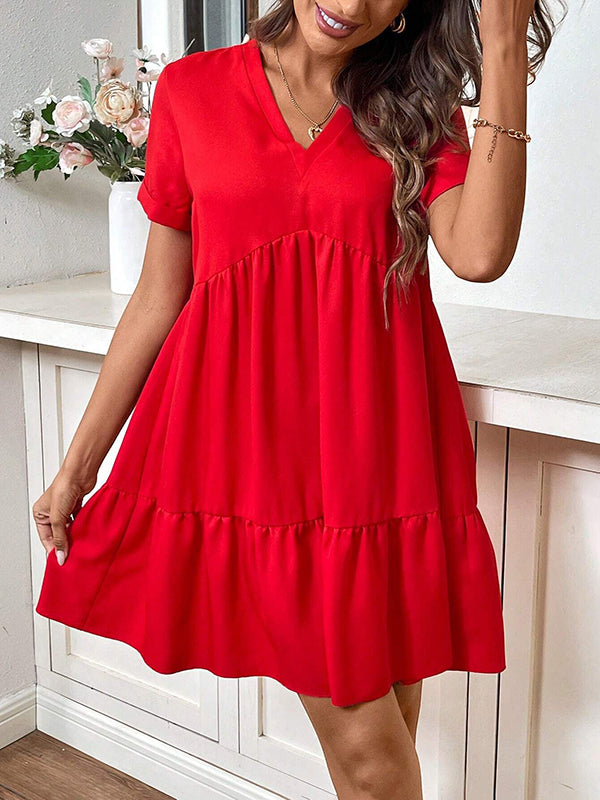 A-Line High Waisted Pleated Solid Color Split-Joint V-Neck Mini Dresses