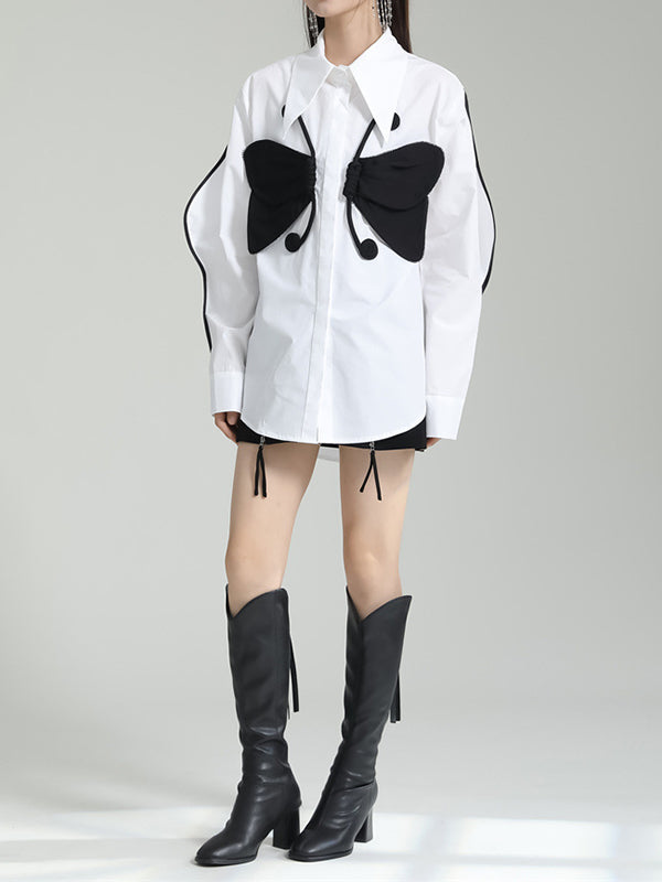 Long Sleeves Loose Butterfly Shape Buttoned Lapel Blouses&Shirts Tops