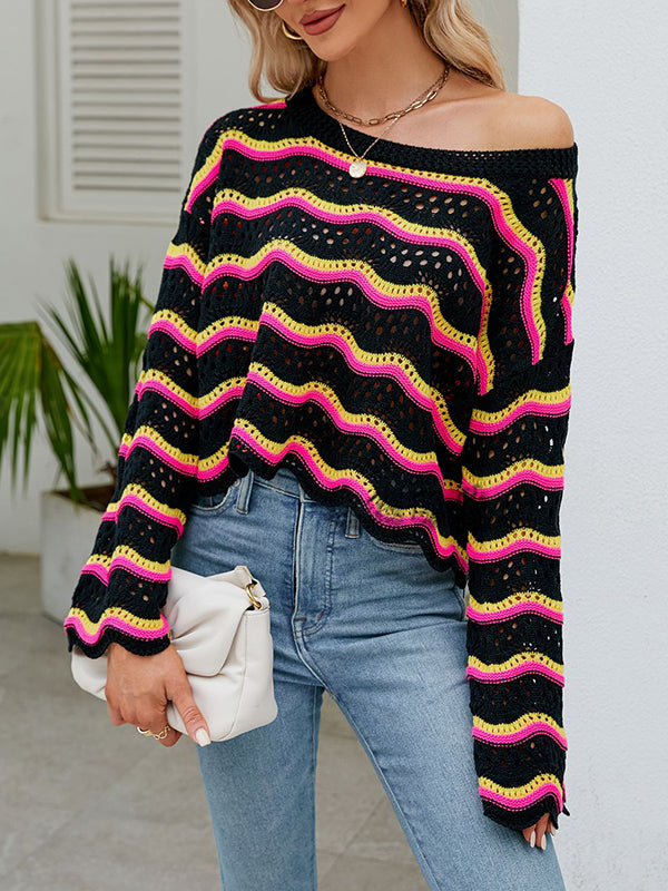 Hollow Split-Joint Striped Round-Neck Sweater