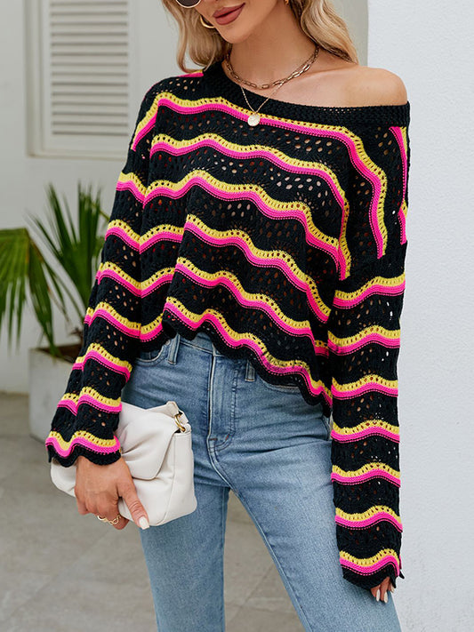 Hollow Split-Joint Striped Round-Neck Sweater
