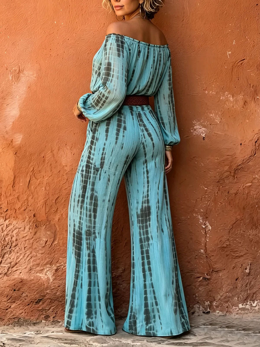 Printed Pockets Elasticity Contrast Color Belted Wide Leg Long Sleeves Off-the-shoulder Jumpsuits