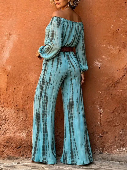Printed Pockets Elasticity Contrast Color Belted Wide Leg Long Sleeves Off-the-shoulder Jumpsuits
