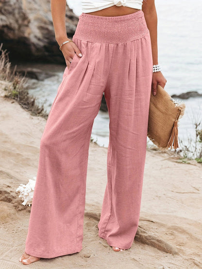 Elasticated Waist High Waisted Pleated Pockets Solid Color Split-Joint Pants