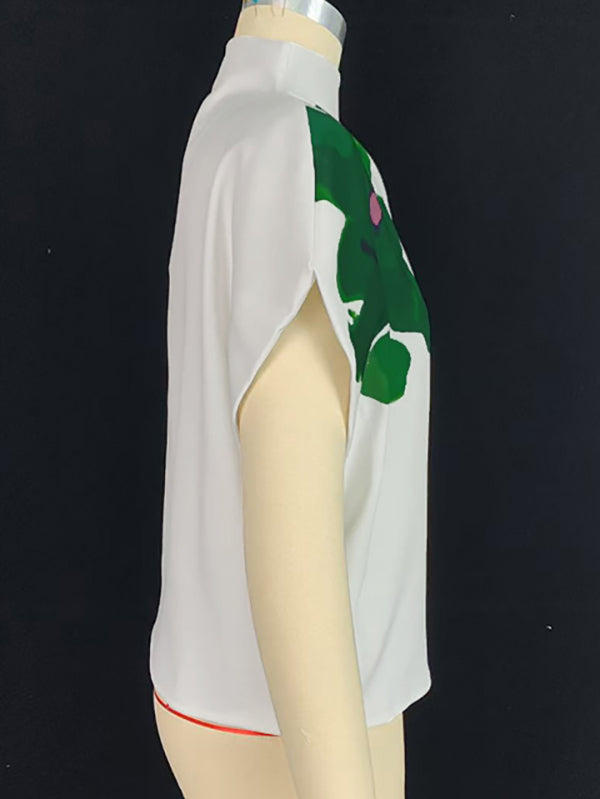 Loose Sleeveless Asymmetric Flower Print Mock Neck Vest Top