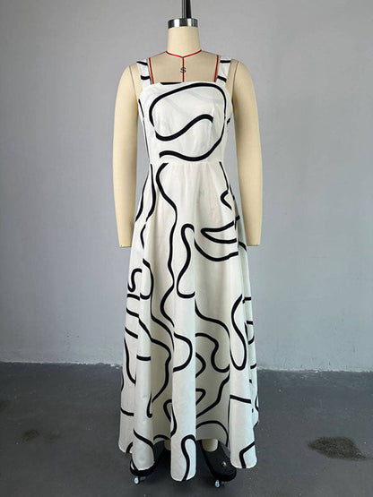 A-Line High Waisted Pockets Printed Split-Joint Spaghetti-Neck Maxi Dresses