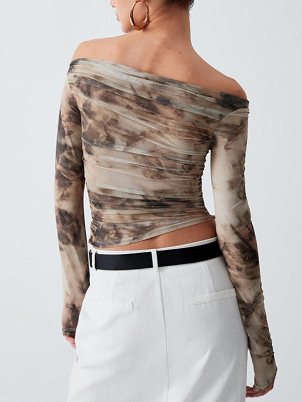 Long Sleeves Skinny Pleated Split-Joint Tie Dye Off-The-Shoulder T-Shirts Tops