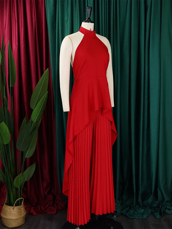 Loose Backless Lacy Solid Color Halter-Neck Vest Top + High-Low Pants Bottom Two Pieces Set