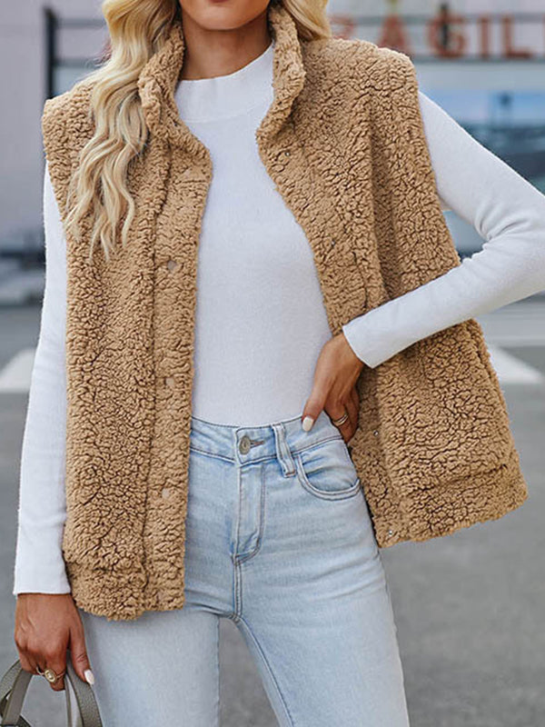 Loose Sleeveless Solid Color Stand Collar Vest Outerwear