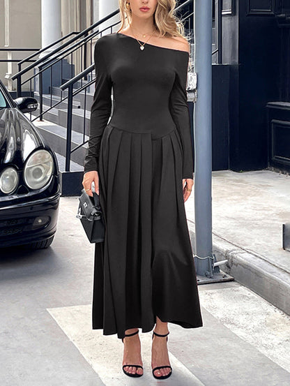 High Waisted Long Sleeves Pleated Solid Color Split-Front One-Shoulder Maxi Dresses