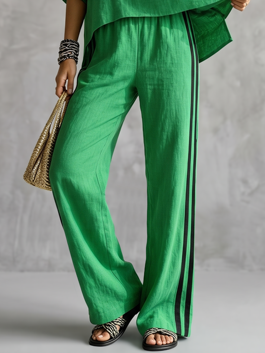 Striped Pockets Elasticity Contrast Color Wide Leg High Waisted Trousers Pants