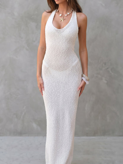 Bodycon Sleeveless See-Through Solid Color Halter-Neck Maxi Dresses