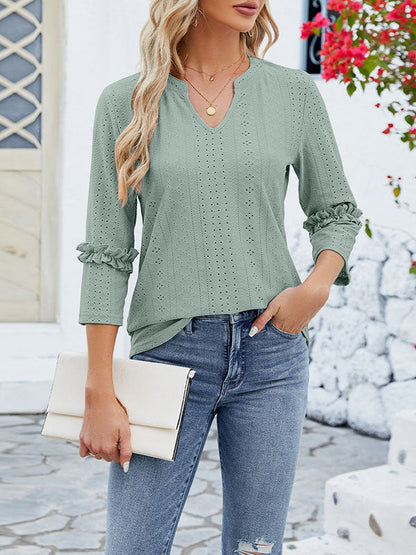 Loose Three-Quarter Sleeves Jacquard Solid Color V-Neck T-Shirts Tops