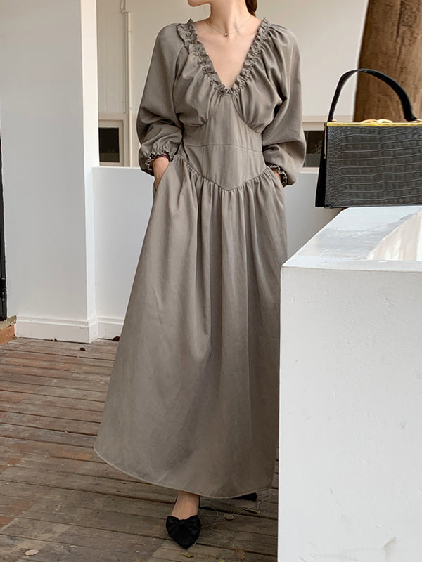 Bishop Sleeve Long Sleeves Elasticity Pleated Ruffled Solid Color Split-Joint Deep V-Neck Midi Dresses