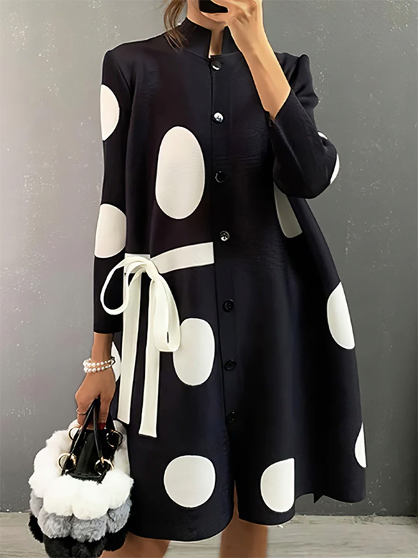 Long Sleeves Loose Asymmetric Buttoned Polka-Dot Tied Mock Neck Midi Dresses