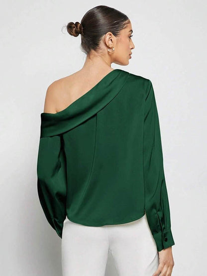Long Sleeves Skinny Pleated Solid Color Split-Joint One-Shoulder Blouses&Shirts Tops