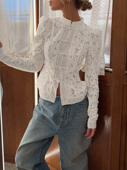Long Sleeves Crochet Hollow Knot Solid Color Split-Joint Stand Collar Blouses&Shirts Tops