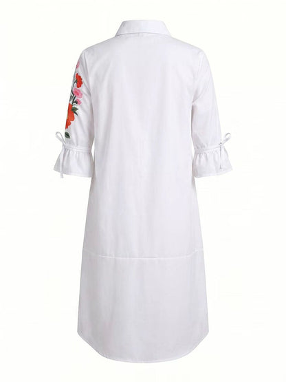 A-Line Half Sleeves Buttoned Flower Print Pockets Split-Joint Tied Lapel Midi Dresses