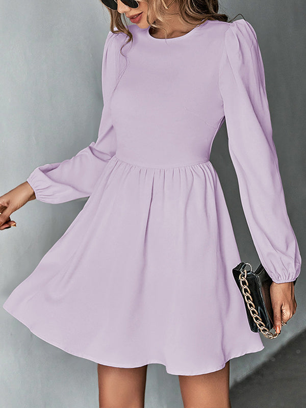 A-Line Bishop Sleeve Backless Elasticity Hollow Pleated Solid Color Tied Round-Neck Mini Dresses