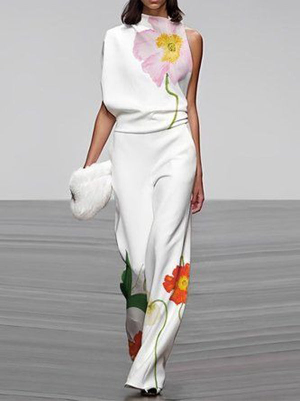 High Waisted Loose Asymmetric Floral Printed Split-Joint Pants Trousers