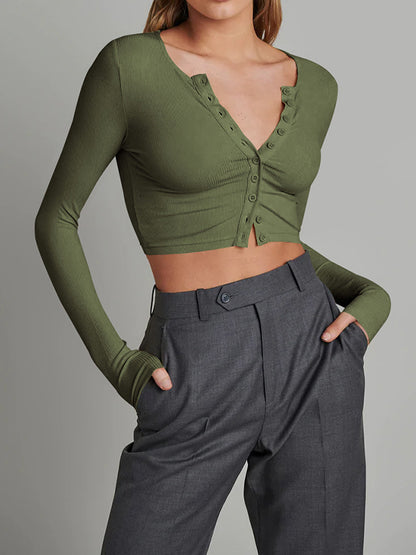 Long Sleeves Skinny Buttoned Solid Color Round-Neck Cardigan Tops