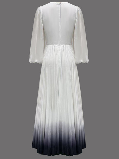 A-Line High Waisted Gradient Pleated V-Neck Maxi Dresses