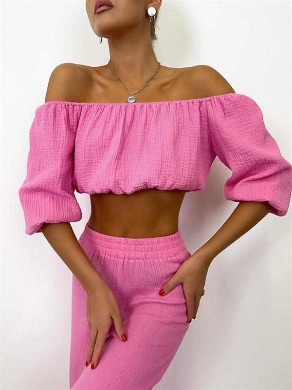 Puff Sleeves Elasticity Solid Color Off-The-Shoulder Vest Top + High Waisted Pants Bottom Two Pieces Set