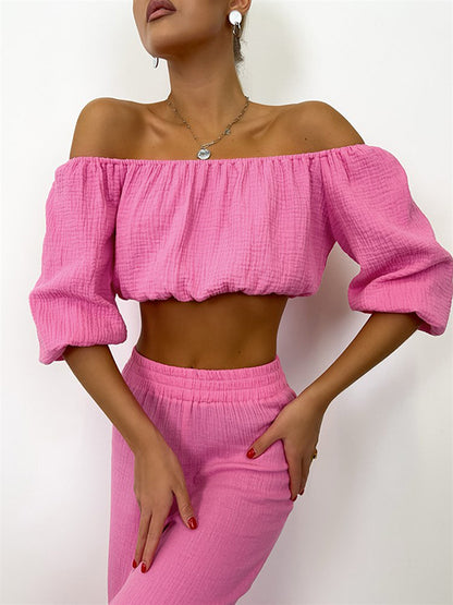 Puff Sleeves Elasticity Solid Color Off-The-Shoulder Vest Top + High Waisted Pants Bottom Two Pieces Set